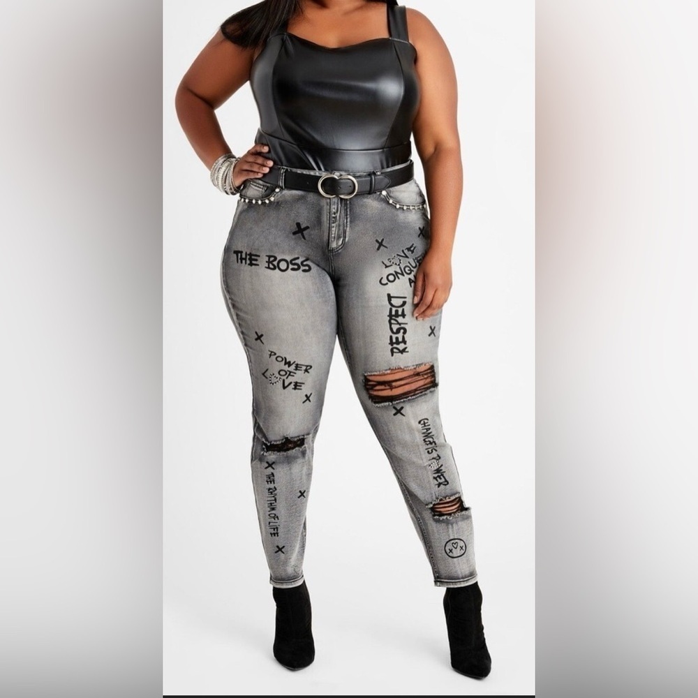 Ashley Stewart Love Conquers All Skinny Jeans Sz 16 Streetwear Graffiti Art